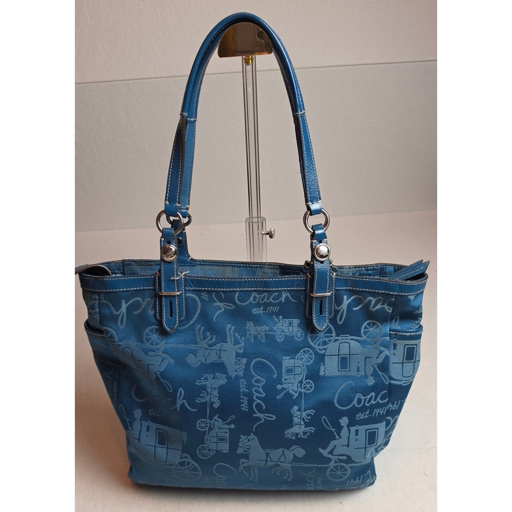 Coach Horse and Carriage Print Tote Bag Blue Jacquard Y2K Vintage F15157 - Picture 2 of 16